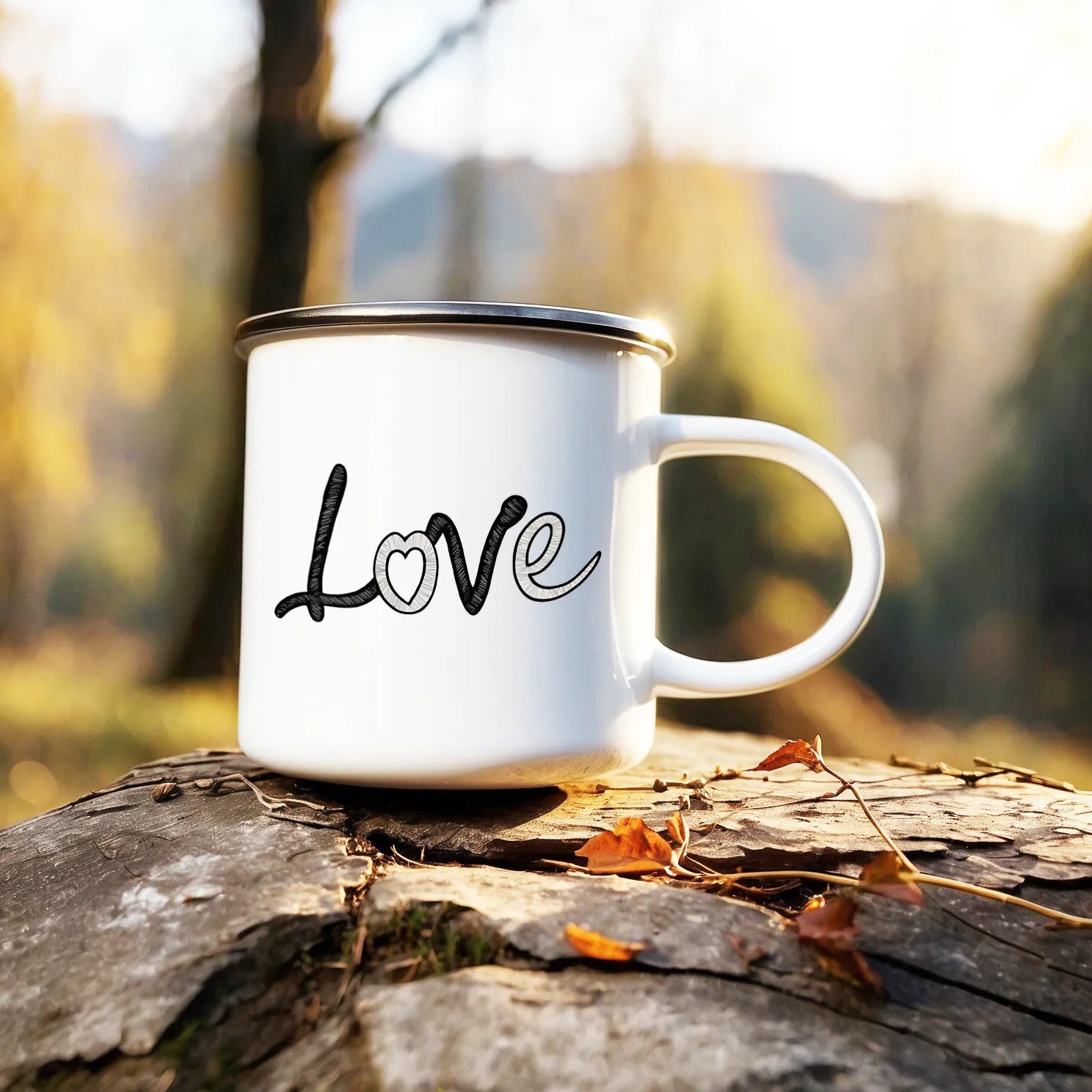Minimalist "Love" Enamel Mug, Gift For Camping Lover DenBox