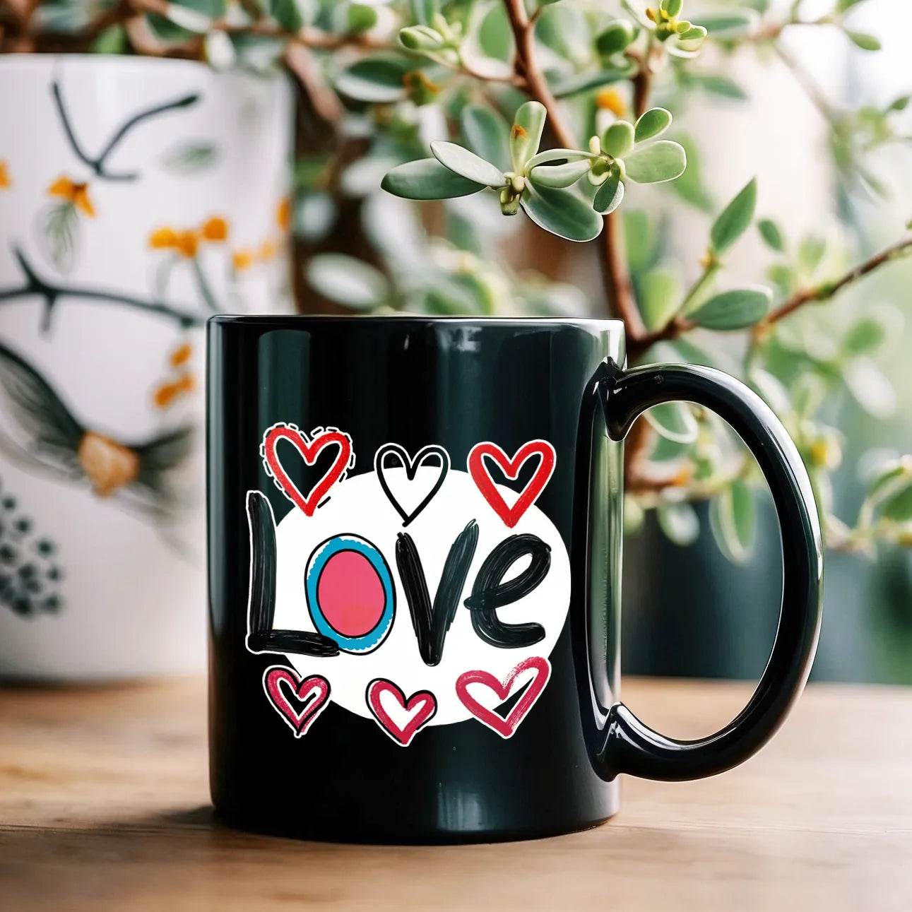 Pop-Art "Love." Black Ceramic Mug, Gift for Pop-Art Comic Lovers DenBox