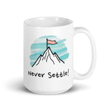 Never Settle! Daily Motivational Mug, Inspirational Ceramic Mug 15 oz DenBox